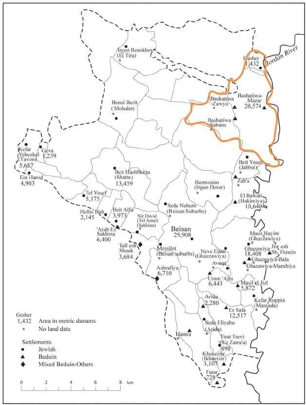خارطة بيسان التفصيلية، وتظهر فيها توزيع القرى، والخرب، ومنها أم صابونة، المزار، الزاوية.